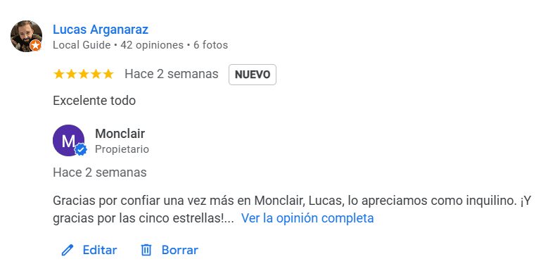 opinion de google cinco estrellas sobre monclair